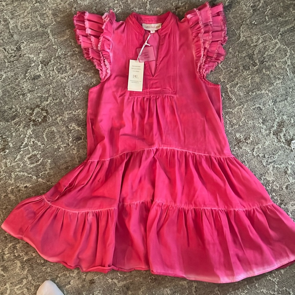 LoveShackFancy Pink Ruffled Sleeve Midi Dress